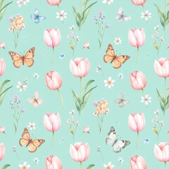 Seamless floral pattern with abstract blue pink flowers and leaves. Watercolor colorful print in rustic vintage style, textile or wallpapers background