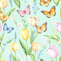 Seamless floral pattern with abstract blue pink flowers and leaves. Watercolor colorful print in rustic vintage style, textile or wallpapers background
