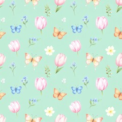 Seamless floral pattern with abstract blue pink flowers and leaves. Watercolor colorful print in rustic vintage style, textile or wallpapers background