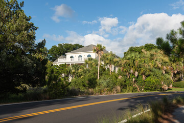 White Villa Among Palms. Isle of Palms, USA - June 30, 2025: A large white villa surrounded by palm trees and tropical vegetation at Wild Dunes Resort, South Carolina, under a bright blue summer sky.