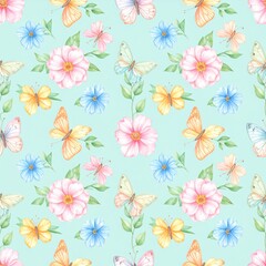 Seamless floral pattern with abstract blue pink flowers and leaves. Watercolor colorful print in rustic vintage style, textile or wallpapers background