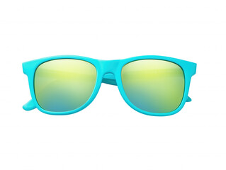 Pair of sunglasses with turquoise frame and gradient yellow lenses on transparent background