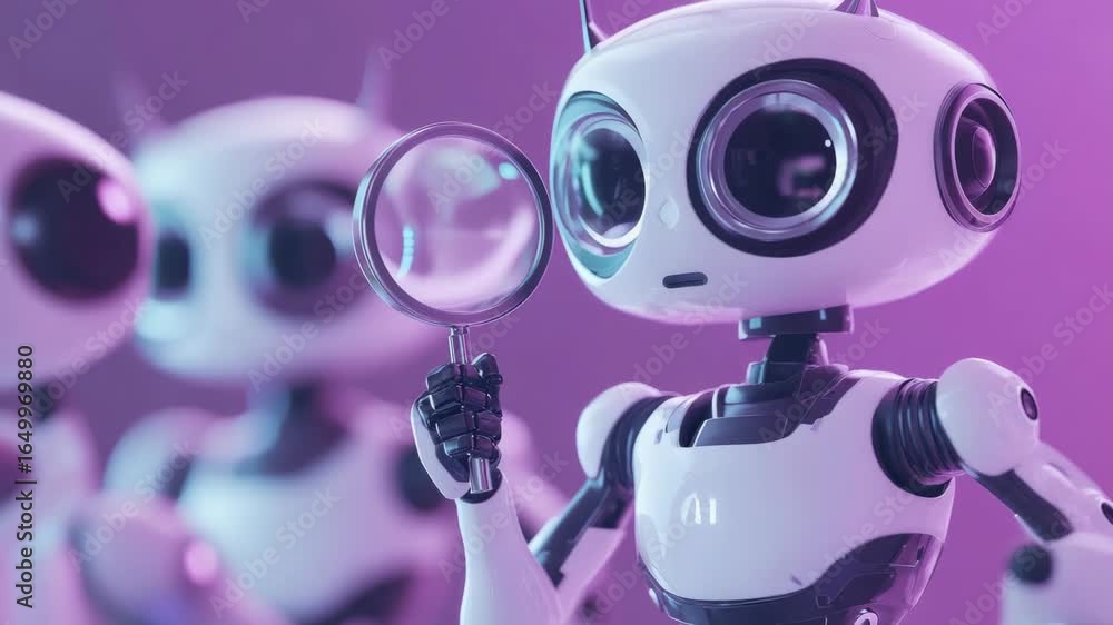 Poster a robot is holding a magnifying glass. there are three robots in the