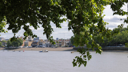 Scenic view of Putney embankment from across River Thames, framed by leaves, showcasing boats and buildings on a summer day in London