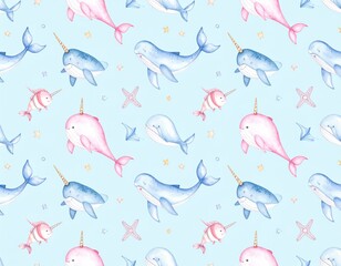 Watercolor seamless pattern with underwater world Bright fish, whale, shark dolphin starfish animals. Jellyfish seashells. Sea and ocean fish life background