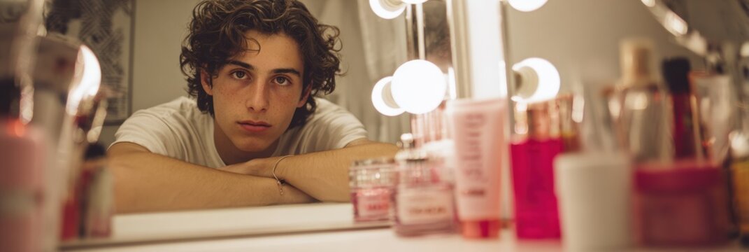 Young Man With Curly Hair Sits at Vanity Mirror Surrounded by Beauty Products During Evening Preparation for an Event