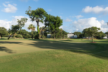 Lush golf course landscape at Wild Dunes Resort with palm trees and a distant clubhouse under a bright summer sky.