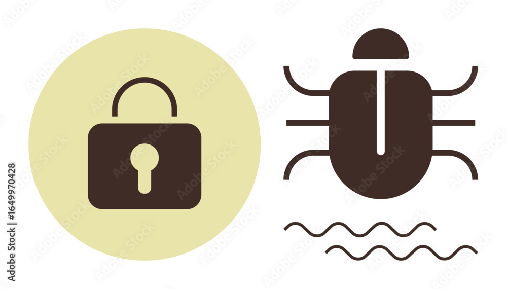 Aufkleber padlock and bug icon show digital security and malware threat. ideal for data protection, hacking pr