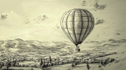 A detailed sketch of a hot air balloon with a picturesque landscape below