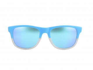 Modern sunglasses with blue frame and gradient lenses on transparent background