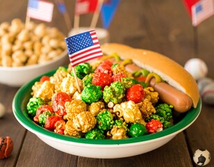 Festive bowl of colorful popcorn and a classic hot dog decorated with American flags for a patriotic celebration.