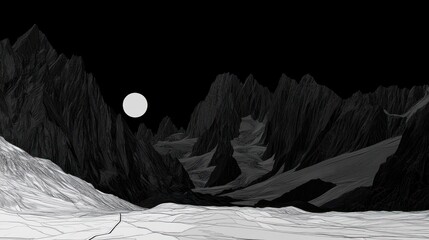 Dramatic monochrome illustration of a moonlit mountain range evoking tranquility and depth
