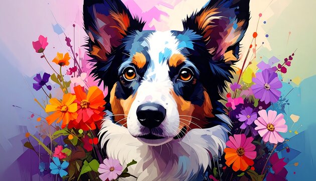 Vibrant floral portrait of a border collie.