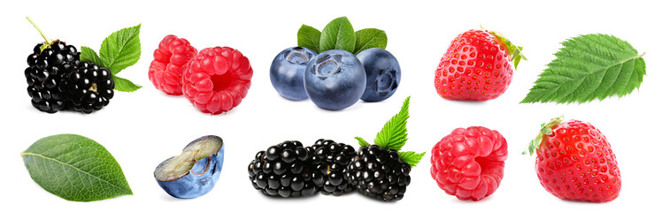Various berries and green leaves isolated on white, set