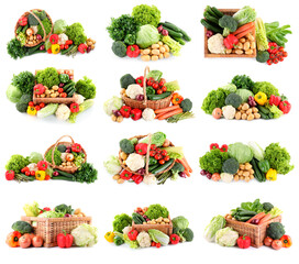 Fresh vegetables in piles on white background, set
