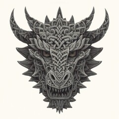 Obraz premium Elaborate, intricate grey dragon head with detailed Celtic knot-like patterns and horns