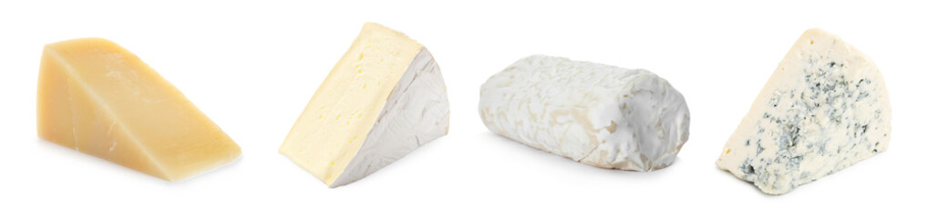 Variety of cheeses isolated on white, set