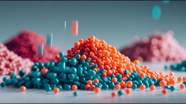Macro closeup pile of orange and blue plastic pellets with soft colorful mounds forming industrial polymer background