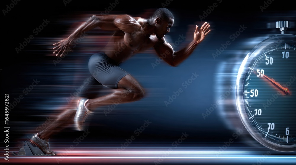 Poster runner sprinting with speed timer in a dynamic background showing motion during a race