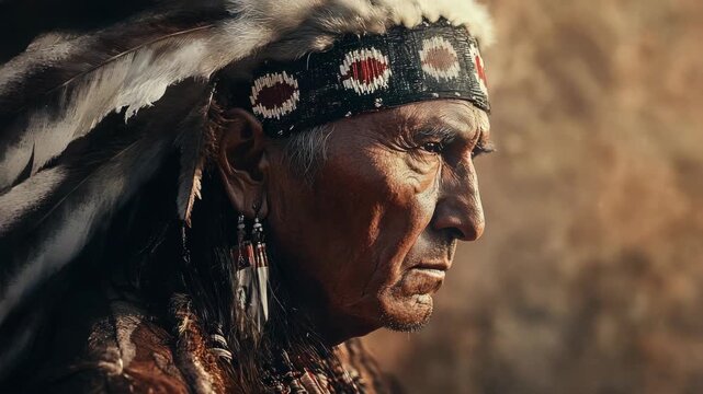Native American man with war paint, feather headdress and red face. Portrait of an indian tribal leader.