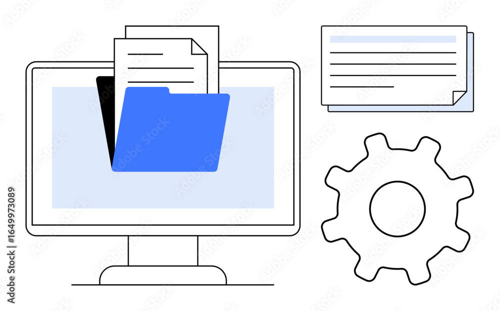 Poster computer screen with open folder and documents, gear represents settings, files for organization. id