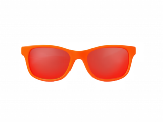 Pair of rectangular sunglasses with bold orange frame and deep red lenses on transparent background