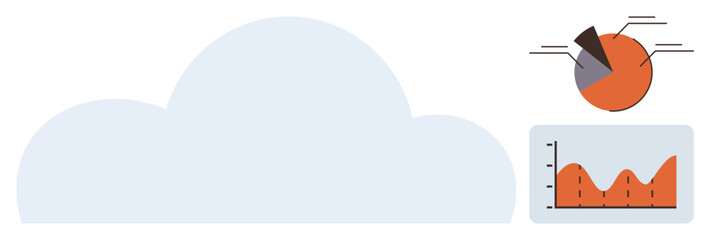 Large cloud silhouette with orange pie chart and annotated segments, adjacent line chart indicating trends and analysis. Ideal for technology, data science, analytics, trends, research, networking