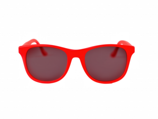Pair of bold rectangular sunglasses with red frame and dark lenses on transparent background