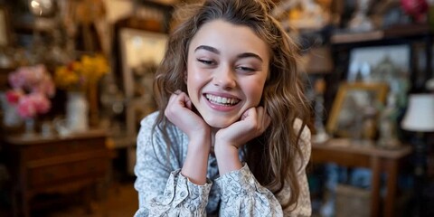 Woman antiquing in a store with vintage collectibles and products - entrepreneurial store owner