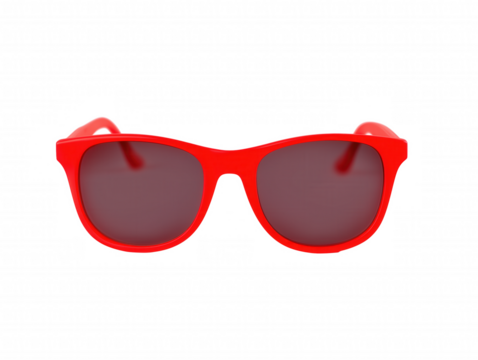 Pair of bold rectangular sunglasses with red frame and dark lenses on transparent background - Powered by Adobe
