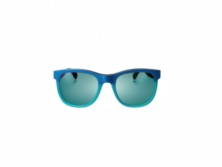 Pair of sunglasses with blue frame and green reflective lenses on transparent background