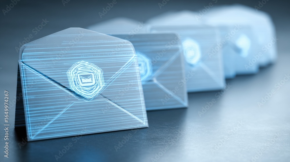 Poster digital envelopes displayed in a row with glowing outlines, representing modern communication and me