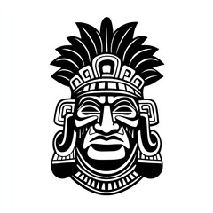 Obraz premium Aztec mask with elaborate headdress in black and white, intricate lines and shapes