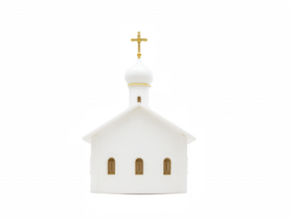 Miniature model of a white and gold church with arched windows on transparent background