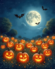 Halloween Night with Glowing Jack-o'-Lanterns and Bats