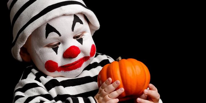 Clown baby mime with orange pumpkin on black