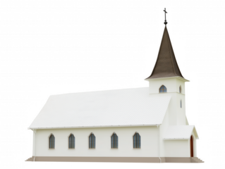 White church with dark blue arched windows and a pointed steeple on transparent background