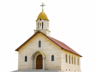 3D rendering of a stone church with a red-tiled roof and golden dome on transparent background