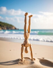 strength and balance with wooden figurine in handstand on beach at sunset