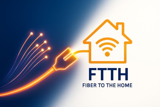Fiber to the Home FTTH with Orange Wi-Fi House Icon and Glowing Fiber Optic Cable on Blue and White Background