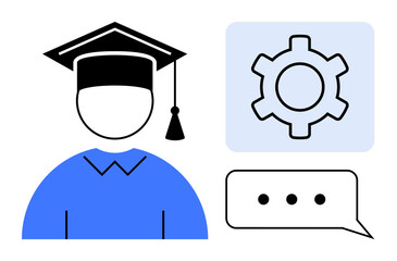 Graduate wearing cap next to gear and chat bubble, symbolizing learning, teamwork, progress, technology, knowledge sharing. Ideal for education, online courses, communication innovation