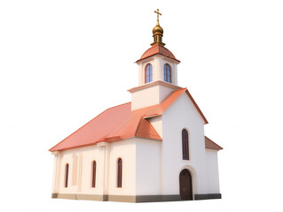 Fototapeta premium 3D illustration of a quaint church with white exterior, red roof, and golden bell tower on transparent background