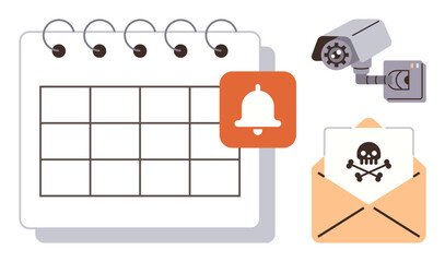 Calendar, notification bell, surveillance camera, and malware warning envelope combine themes of scheduling, alert systems, cybersecurity, data protection, risk management and technology. Ideal