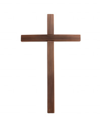 Single-piece wooden cross with rich grain patterns on transparent background
