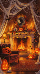 Obraz premium Cozy Halloween Fireplace Decor