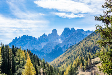 Breathtaking panorama of the Italian Alps, with dramatic blue mountains and a beautiful autumn-colored forest.