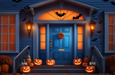 Obraz premium Halloween-Themed Front Porch Decor with Jack-o'-Lanterns and Bats