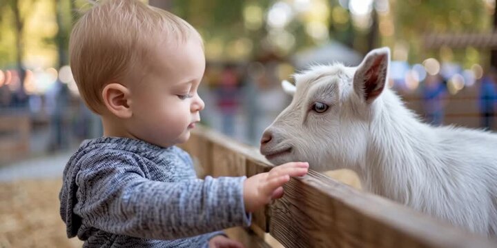 Small child at the petting zoo getting familiar with the furry mammals