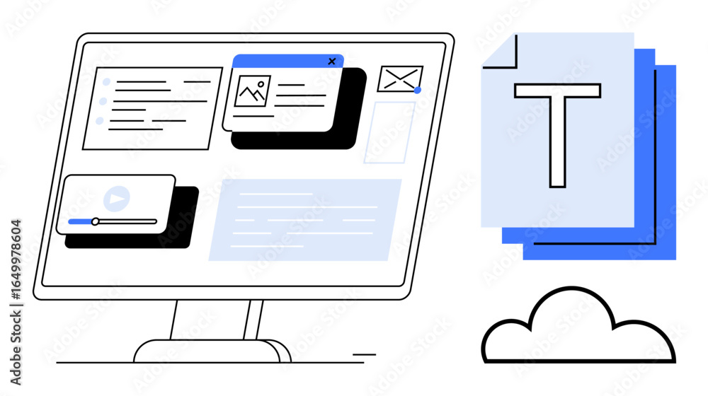 Aufkleber computer monitor displaying multitasking ui widgets, text document stack, and cloud icon. ideal for 