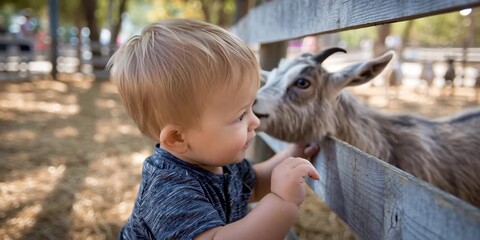 Small child at the petting zoo getting familiar with the furry mammals